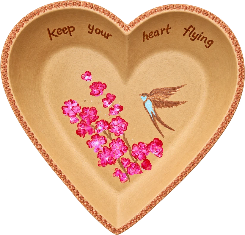 Heart-shaped painted dish: “Keep your heart flying”, with pink flowers and a swallow