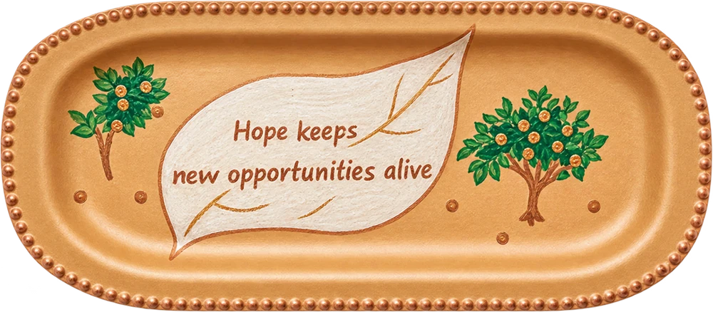 Painted tray: “Hope keeps new opportunities alive”, with a leaf and two small trees