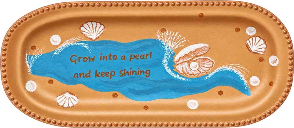 Painted tray: “Grow into a pearl and keep shining”, with a wave, shells and an oyster